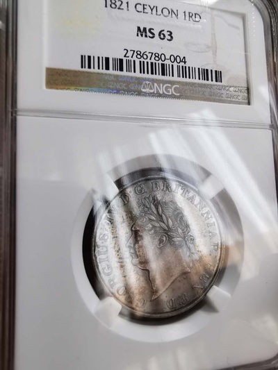 凡希社世界钱币微拍第一百十六期 - 稀！1821英属锡兰乔四RIXDOLLAR NGC-MS63绝美包浆收藏级！