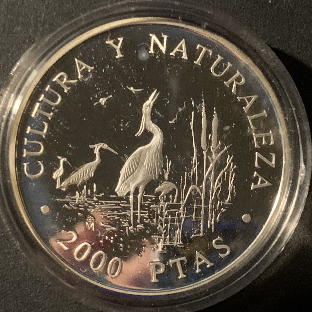 紫瑗钱币—微拍第50期  西班牙 1994年 珍稀动物 紫苍鹭 2000比塞塔 27克 0.925银 精制
