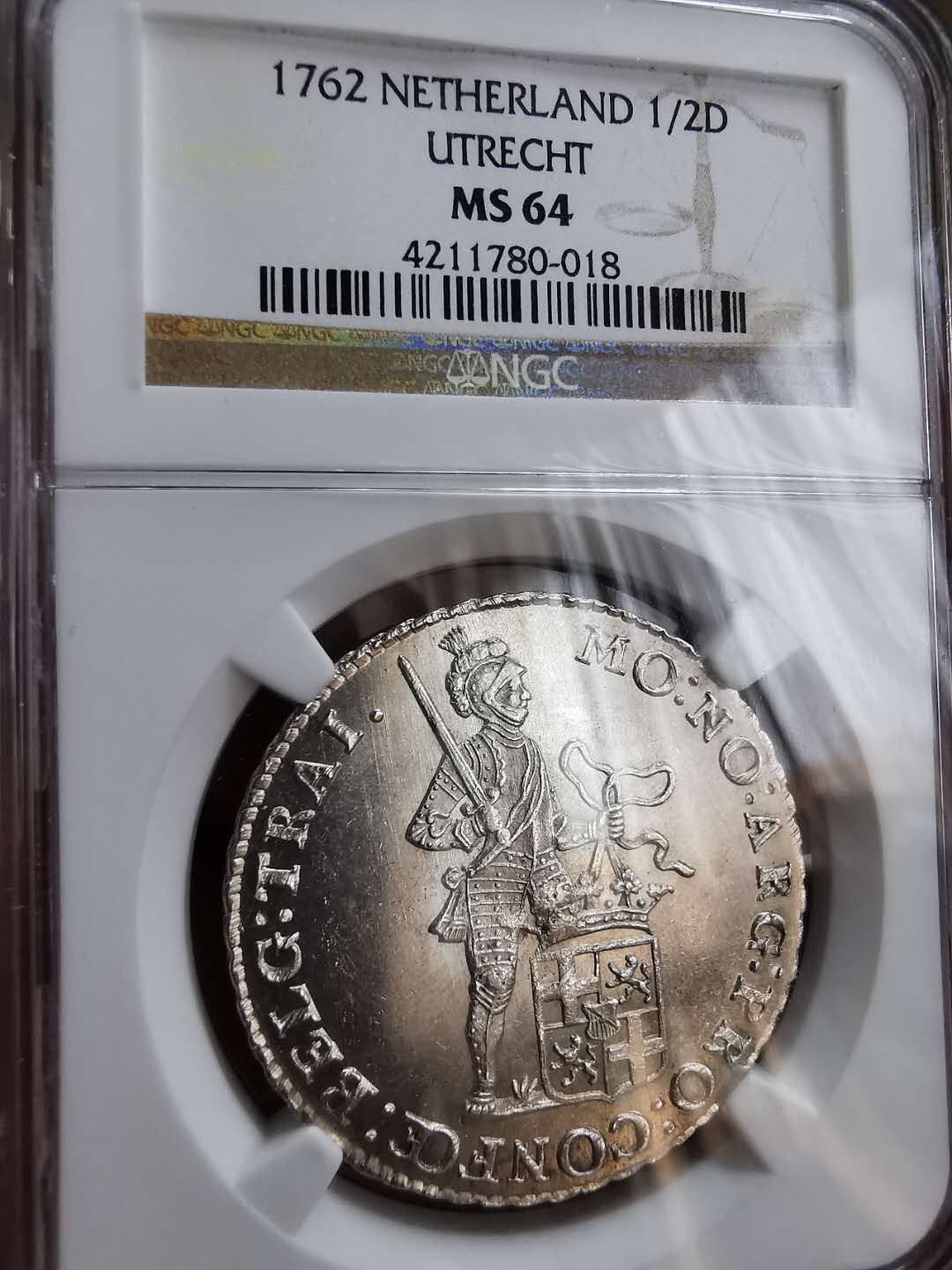 凡希社世界钱币微拍第一百十六期 稀！1762乌特勒支1/2盾NGC-MS64收藏级