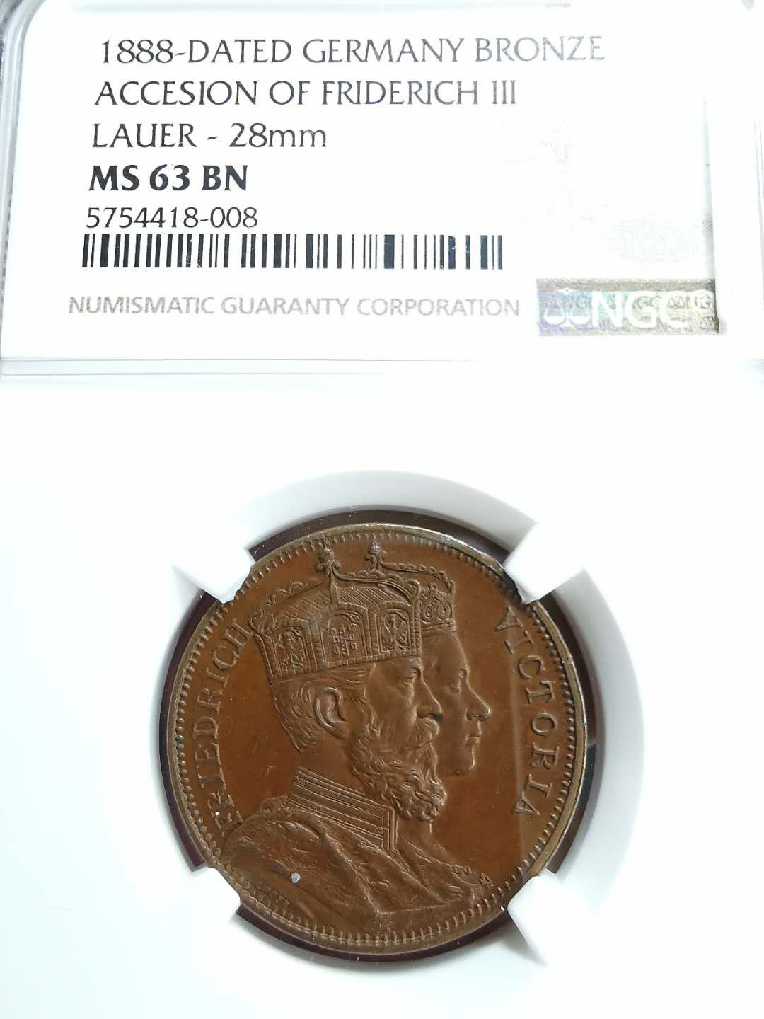 凡希社世界钱币微拍第一百十六期 1888德国弗里德三世纪念铜章NGC-MS62