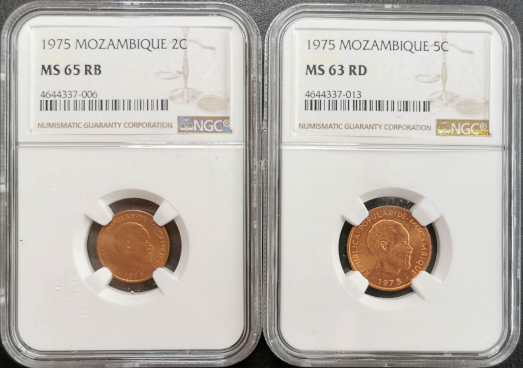 凡希社世界钱币微拍第一百十六期 1975莫桑比克流通版铜币一对NGC-MS63/65