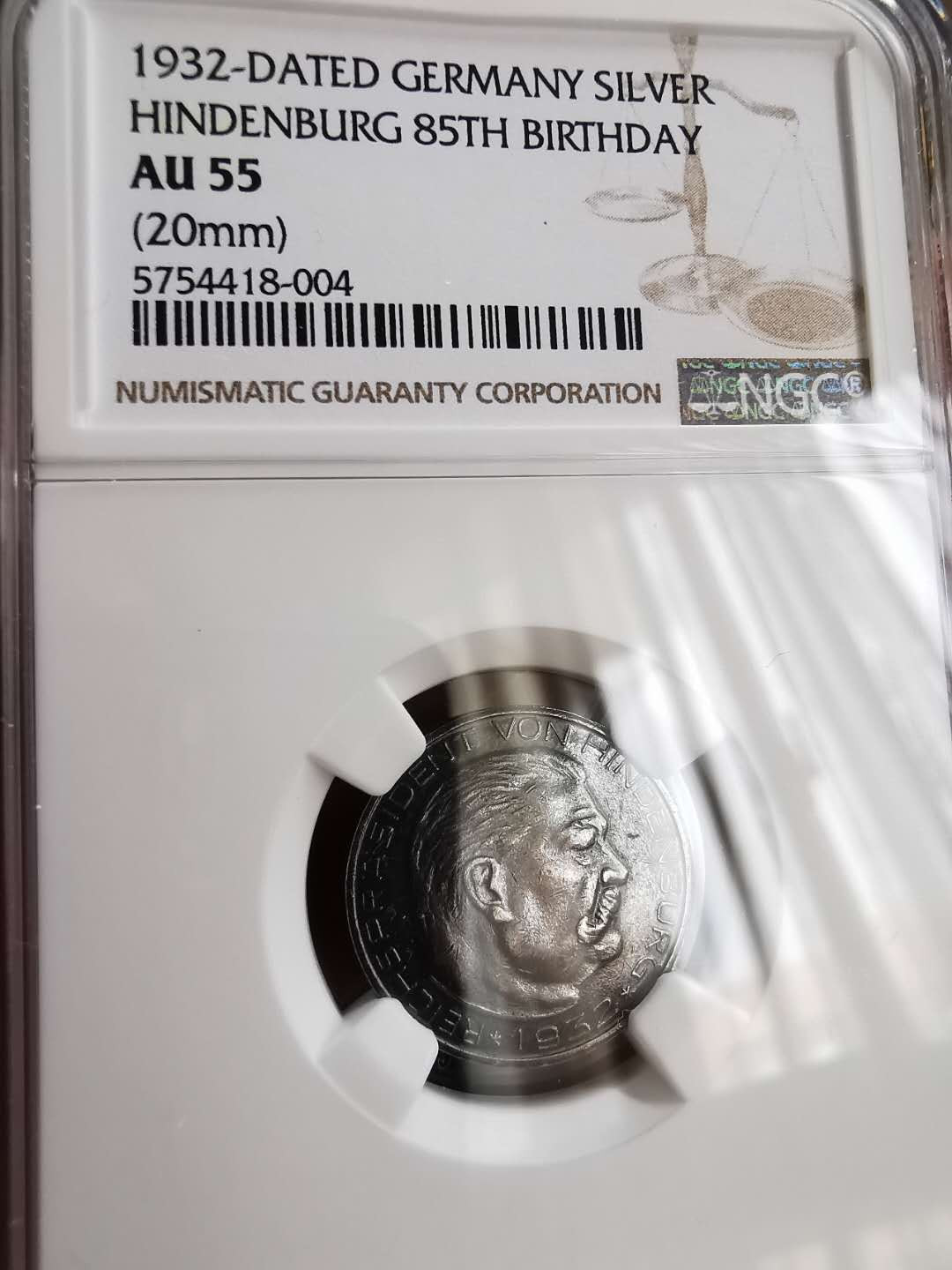 凡希社世界钱币微拍第一百十六期 1932德国兴登堡纪念银章NGC-AU55