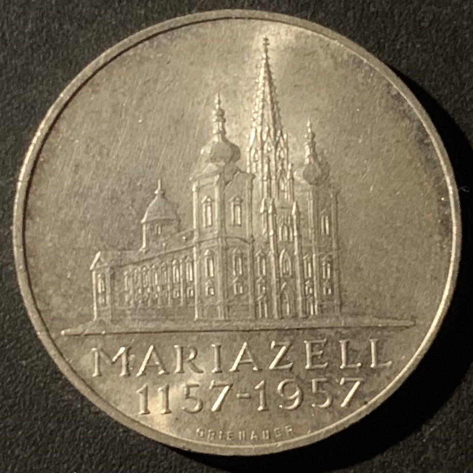 紫瑗钱币—微拍第50期  奥地利 1957年 玛利亚泽尔大教堂 25先令 13克 0.8银