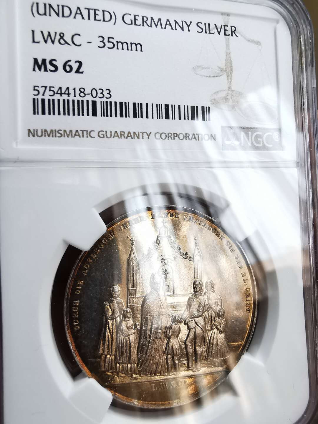 凡希社世界钱币微拍第一百十六期 十九世纪德国基督教洗礼银章NGC-MS62精美