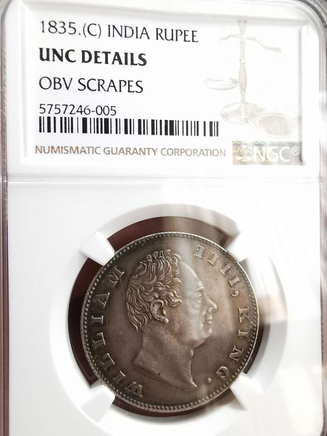 凡希社世界钱币微拍第一百十六期 1835C东印度公司威四卢比NGC-UNCD包浆纯熟！