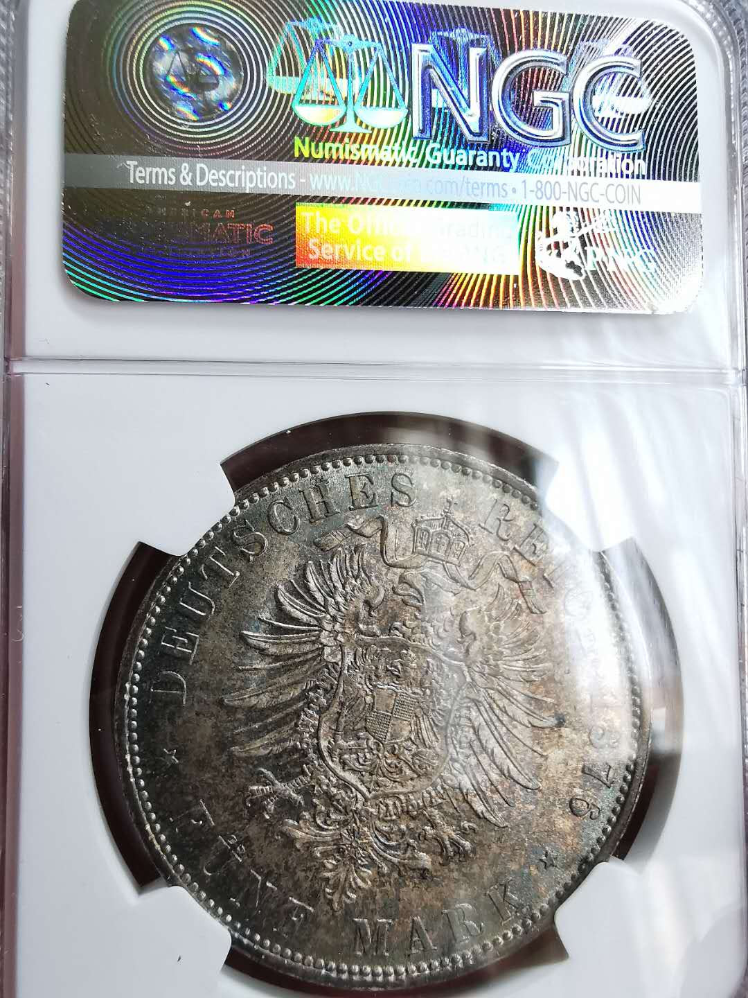 凡希社世界钱币微拍第一百十六期 荐！1876D巴伐利亚短翅5马克NGC-MS64传世美包浆！