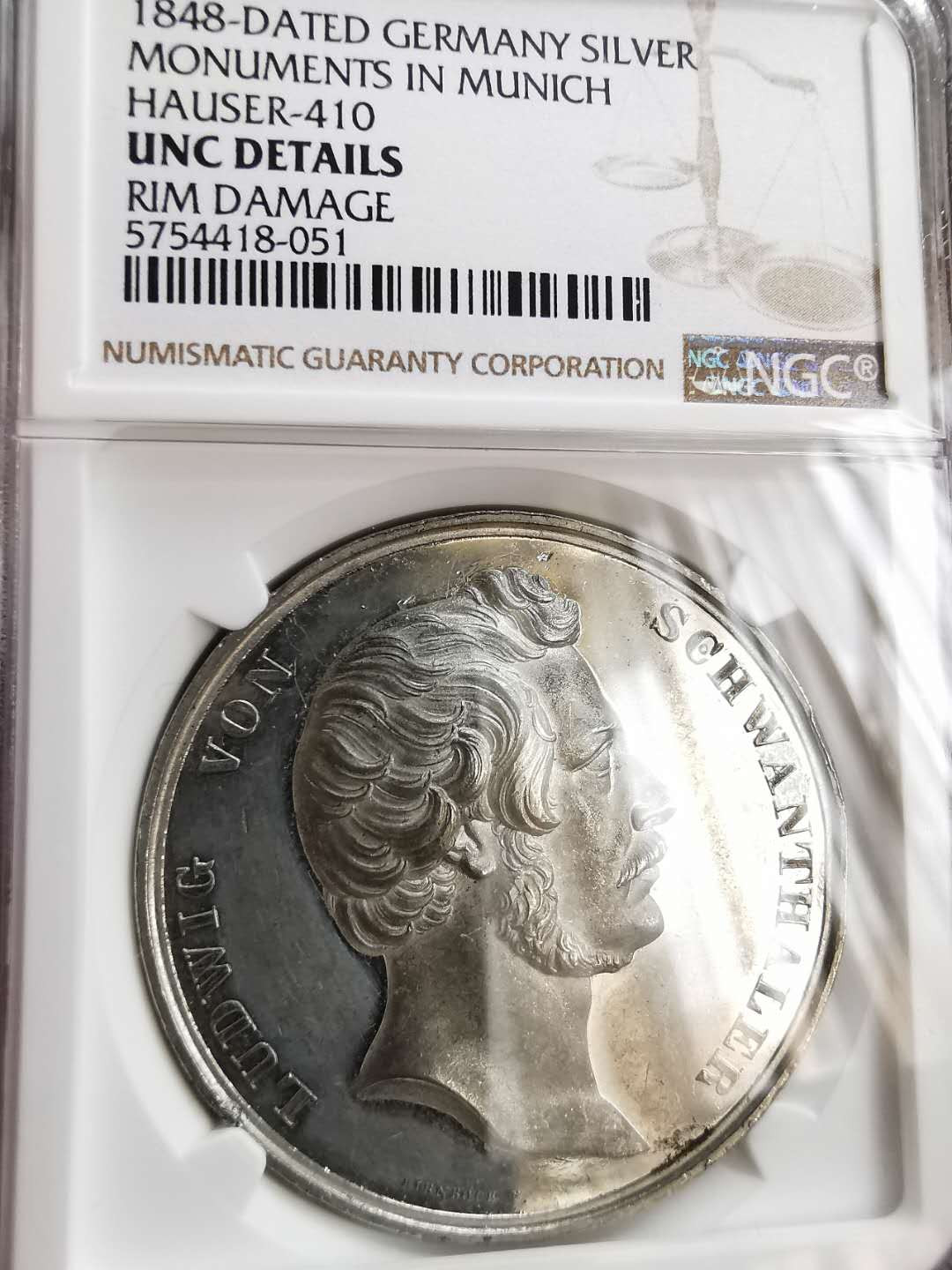 凡希社世界钱币微拍第一百十六期 1848慕尼黑女神雕像建成纪念章NGC-UNCD