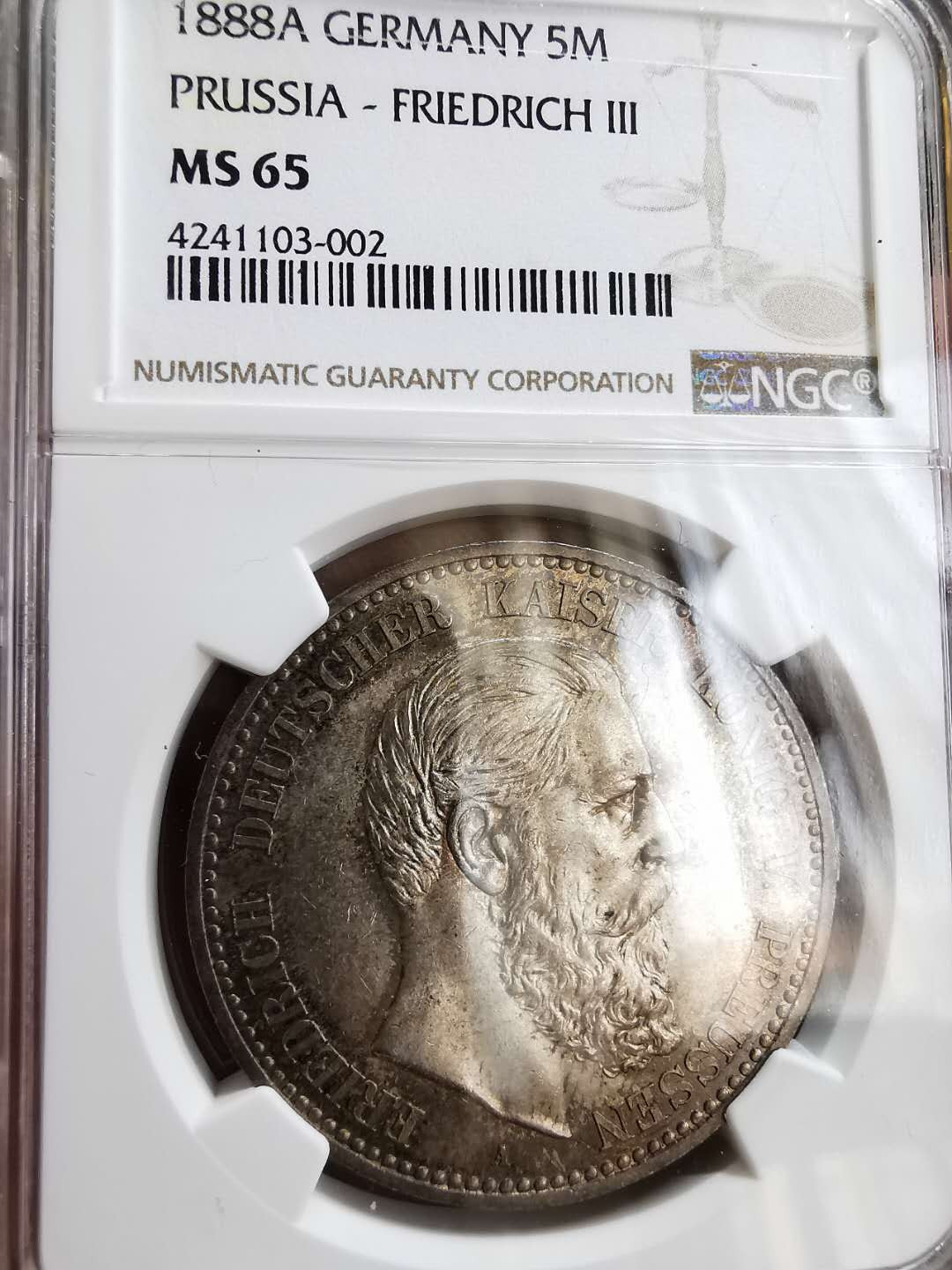 凡希社世界钱币微拍第一百十六期 1888普鲁士短翅5马克NGC-MS65传世包浆！