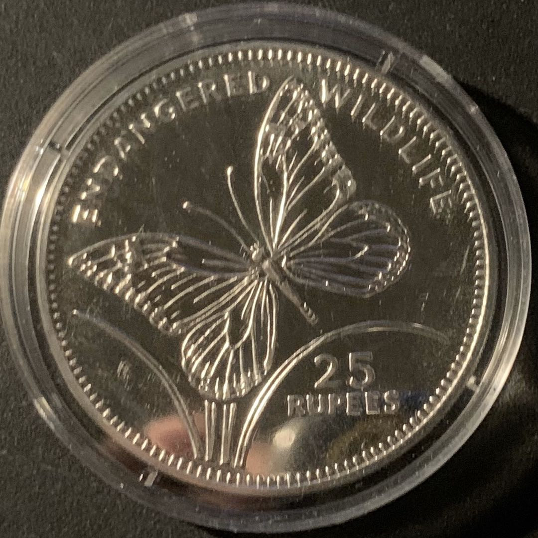 紫瑗钱币—微拍第50期  塞舌尔 1994年 世界濒危野生动物 蝴蝶 25卢比 19.44克 0.925银 精制