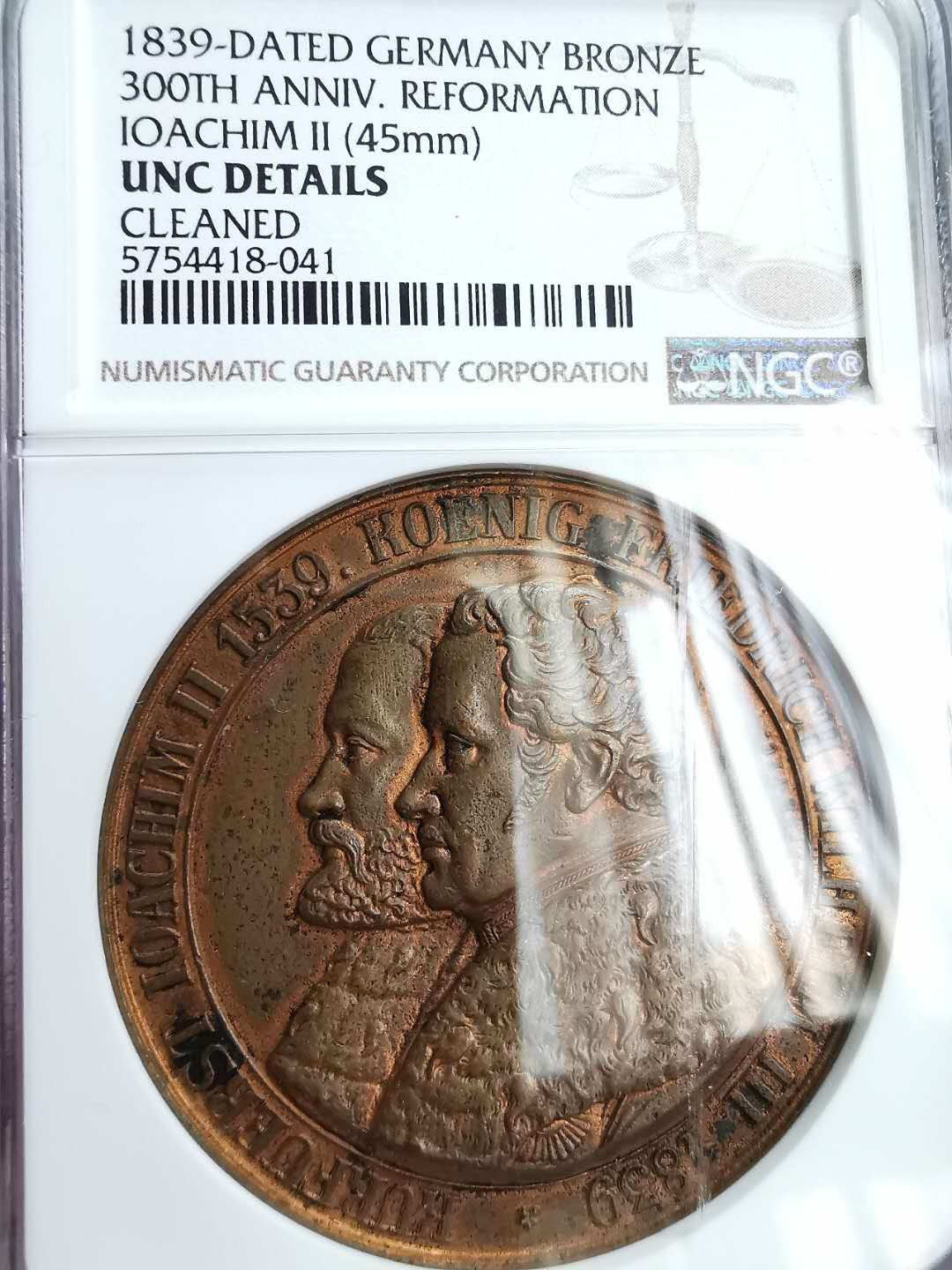 凡希社世界钱币微拍第一百十六期 1839勃兰登堡宗教改革纪念铜章NGC-UNCD
