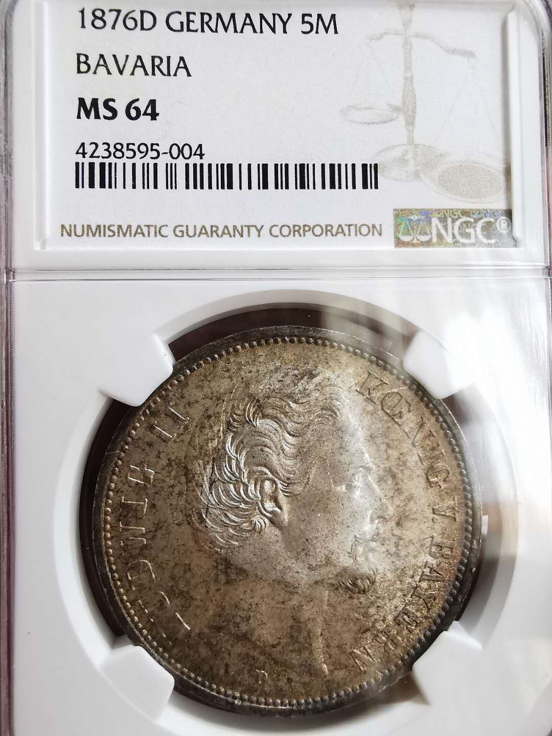 凡希社世界钱币微拍第一百十六期 荐！1876D巴伐利亚短翅5马克NGC-MS64传世美包浆！