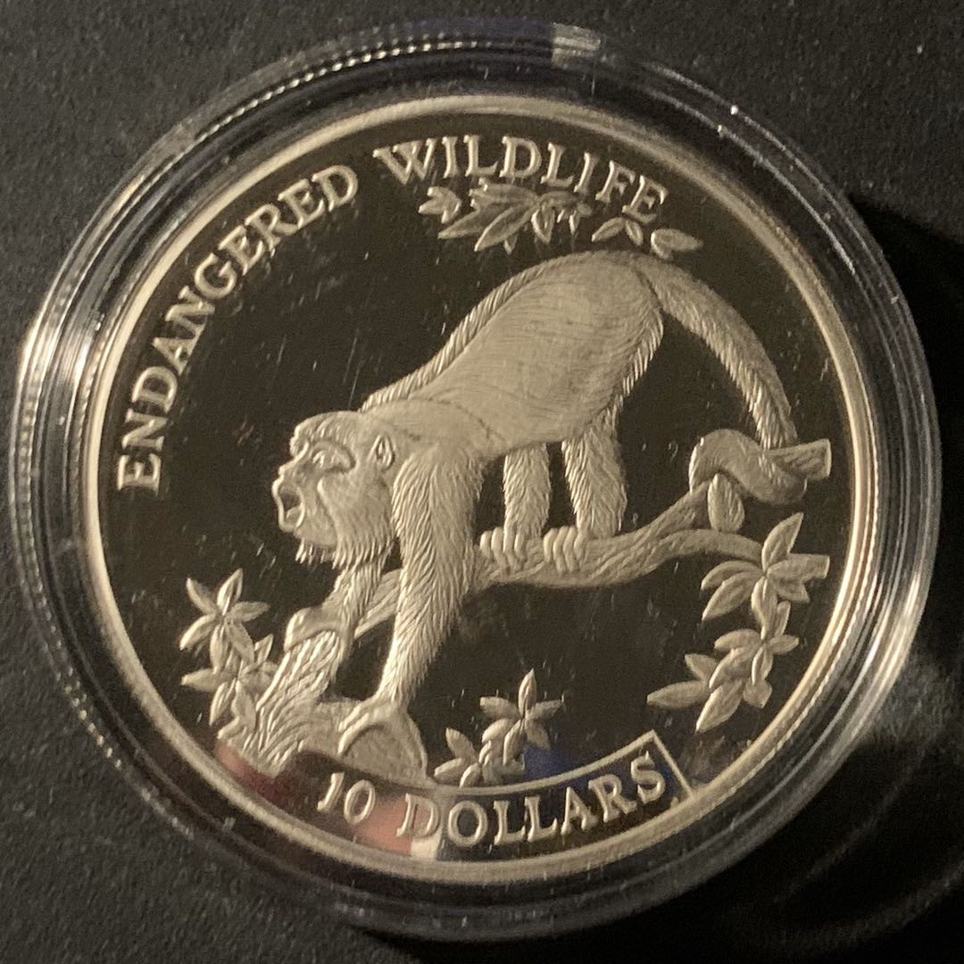 紫瑗钱币—微拍第50期  伯利兹 1995年 世界濒危野生动物 吼猴 10元 28.28克 0.925银 精制