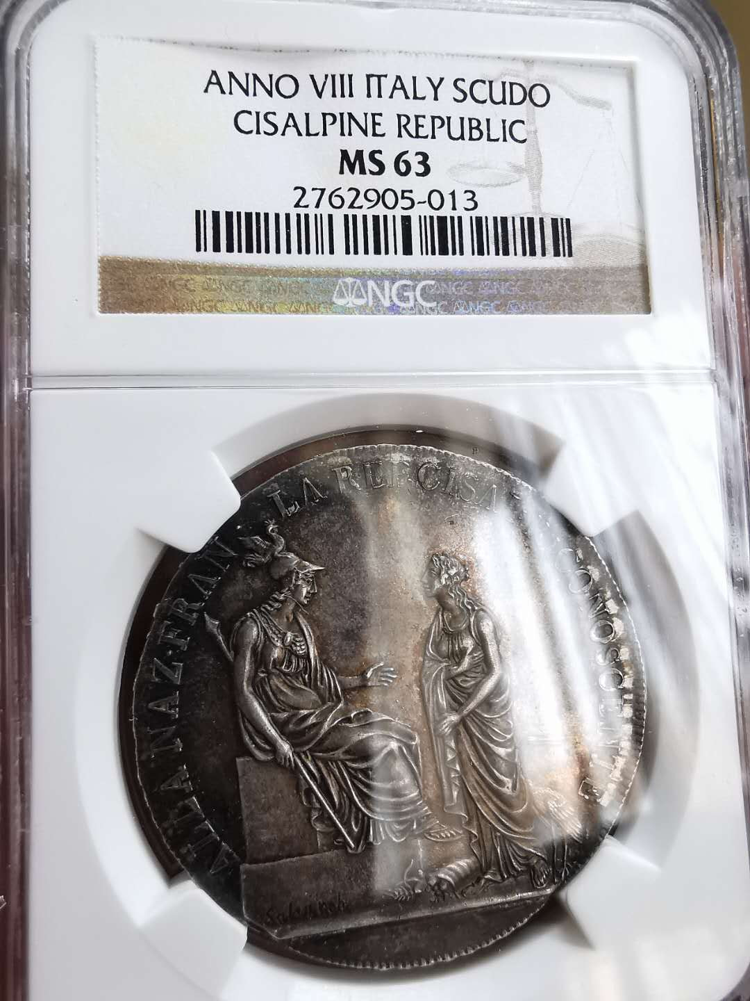 凡希社世界钱币微拍第一百十六期 荐！1800阿尔卑斯山南共和国SCUDO大银PCGS-MS63绝美包浆！