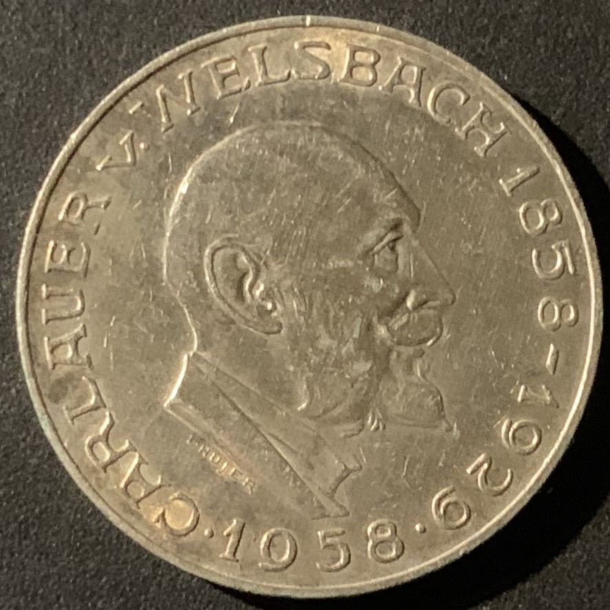 紫瑗钱币—微拍第50期  奥地利 1958年 化学家奥尔诞辰100周年 25先令 13克 0.8银