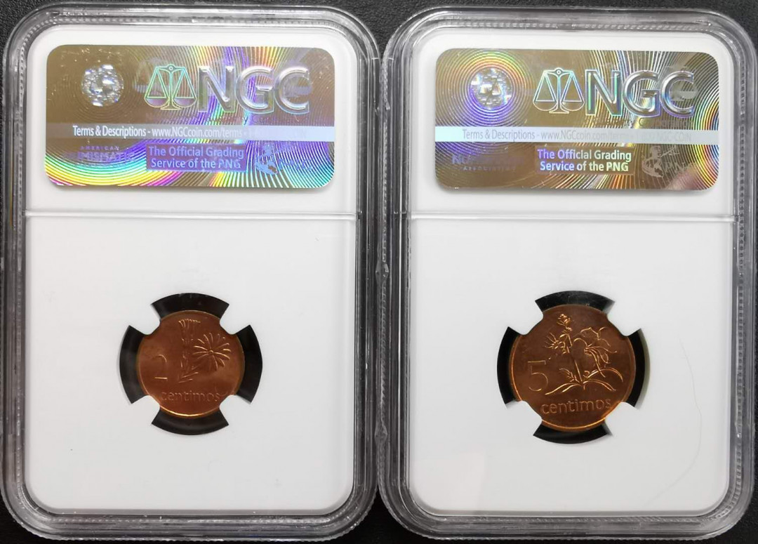 凡希社世界钱币微拍第一百十六期 1975莫桑比克流通版铜币一对NGC-MS63/65
