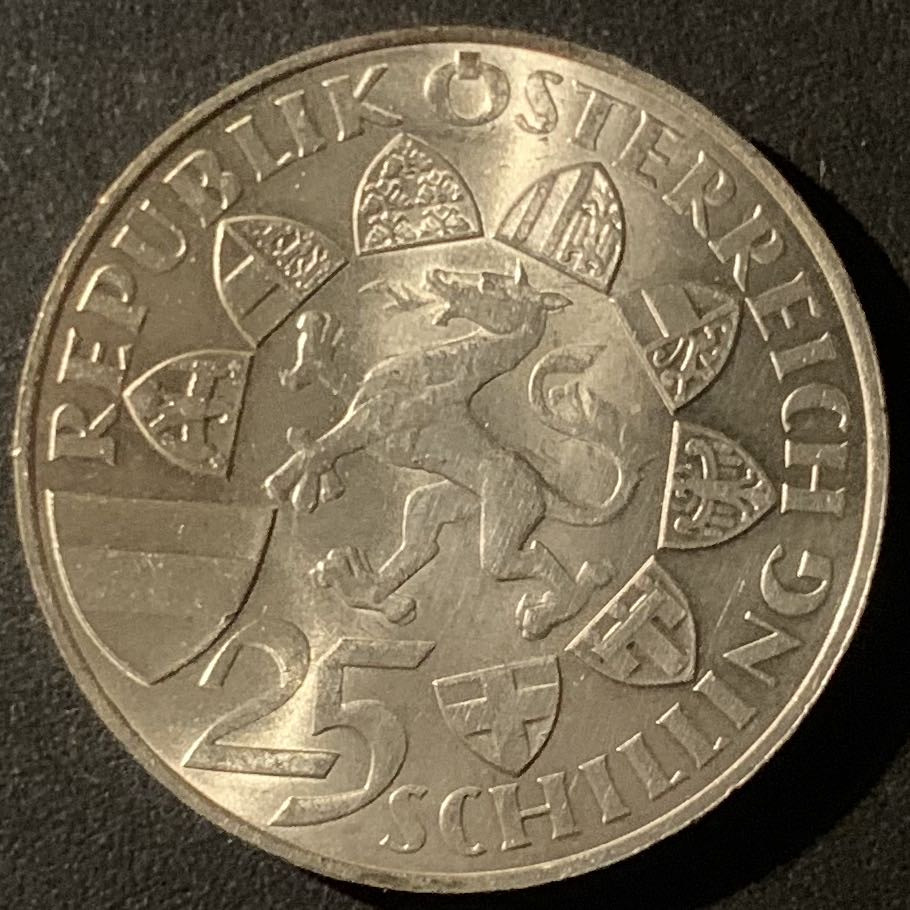 紫瑗钱币—微拍第50期  奥地利 1959年  约翰大公逝世100周年 25先令 13克 0.8银