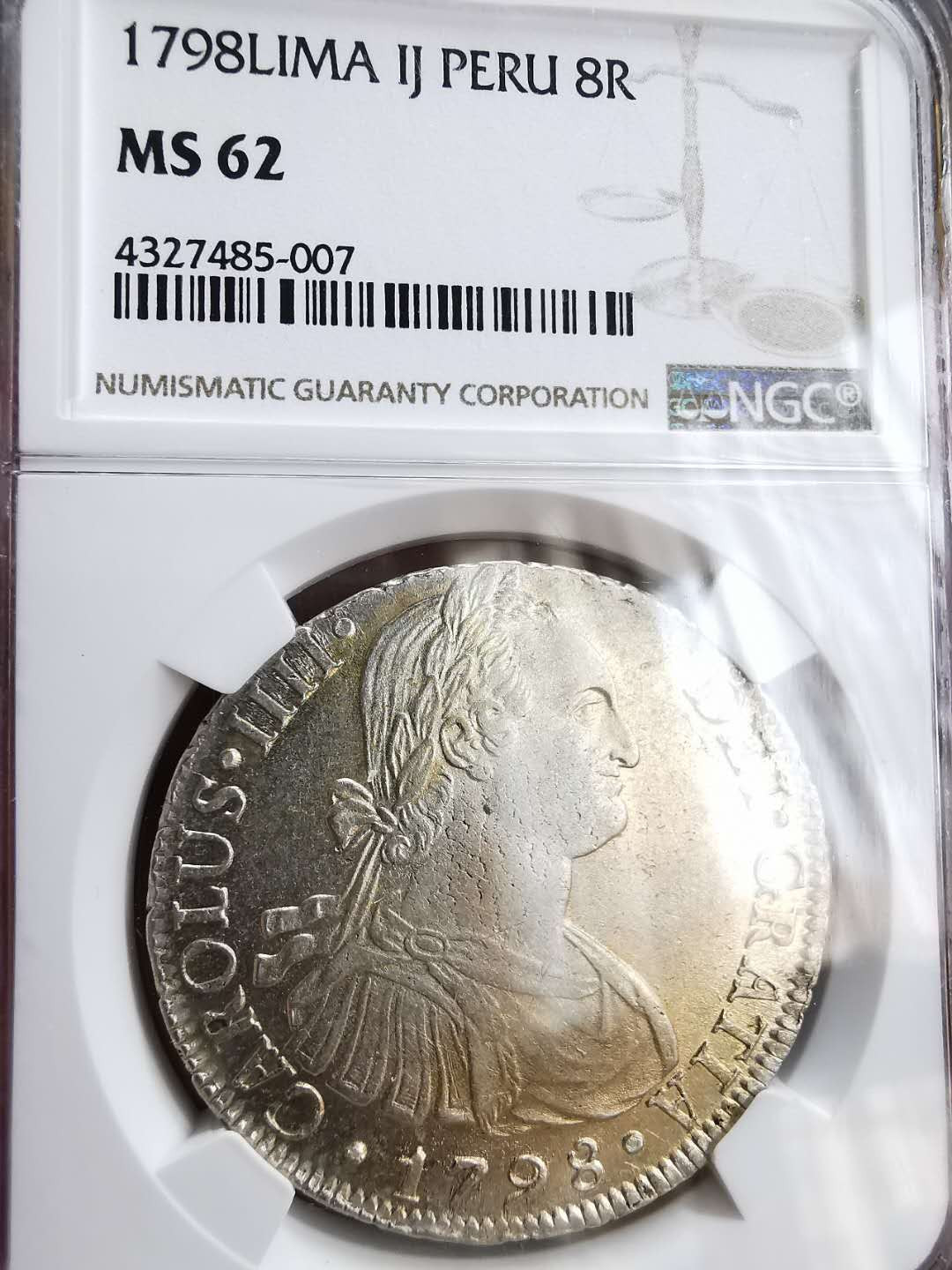 凡希社世界钱币微拍第一百十六期 荐！1798秘鲁卡四双柱NGC-MS62