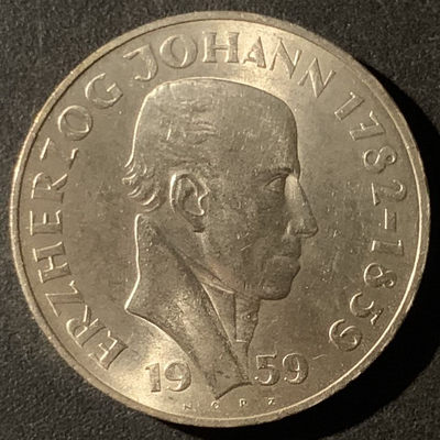 紫瑗钱币—微拍第59期  - 奥地利 1959年  约翰大公逝世100周年 25先令 13克 0.8银