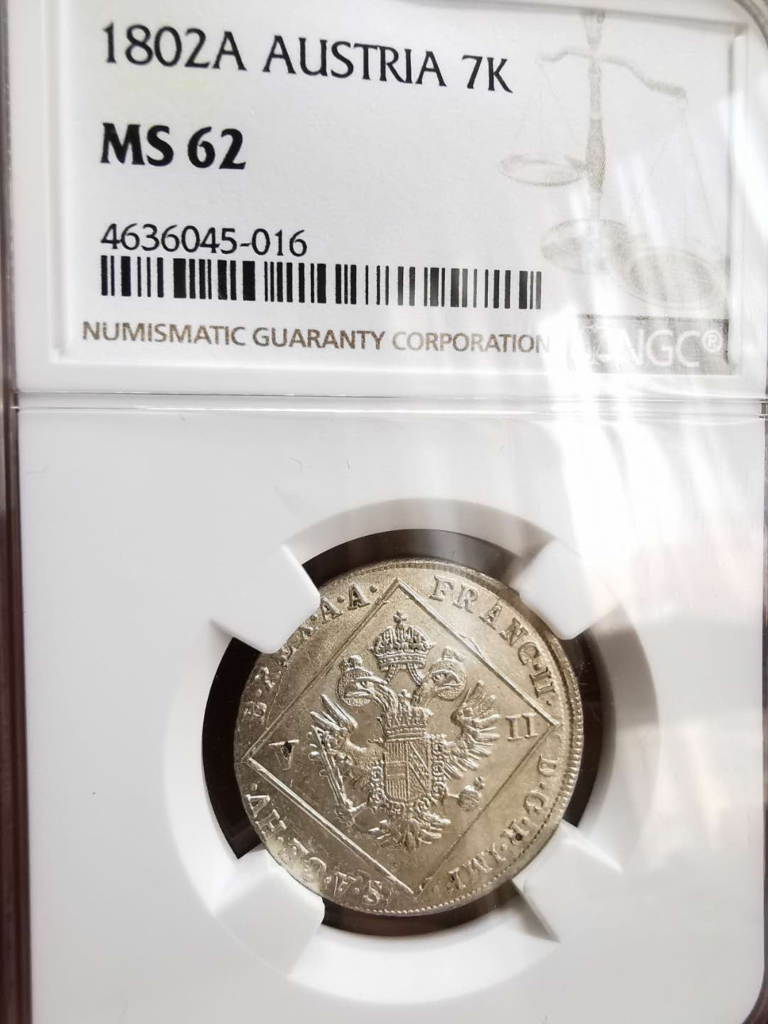 凡希社世界钱币微拍第一百十六期 1802奥地利7K银币NGC-MS62