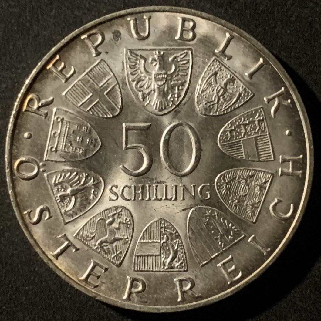 紫瑗钱币—微拍第50期  奥地利 1970年 因斯布鲁克大学300周年 50先令 20克  0.9银