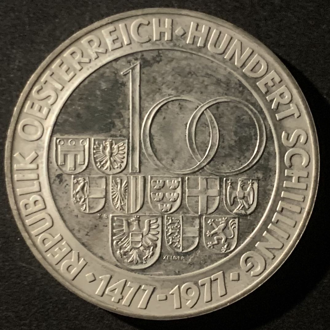 紫瑗钱币—微拍第50期  奥地利 1977年 萨尔茨堡900周年 100先令 24克 0.64银 精制