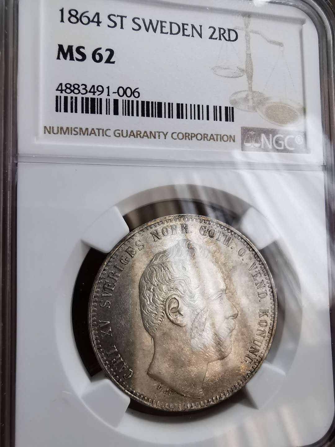 凡希社世界钱币微拍第一百十六期 稀！1864瑞典卡尔十五2RD NGC-MS62稀有面值！