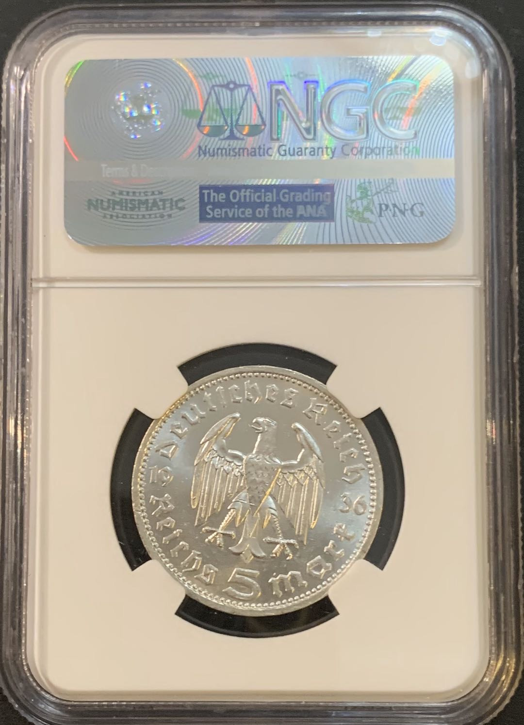 紫瑗钱币—微拍第50期  德国 1936年 D版 兴登堡 5马克 NGC MS62