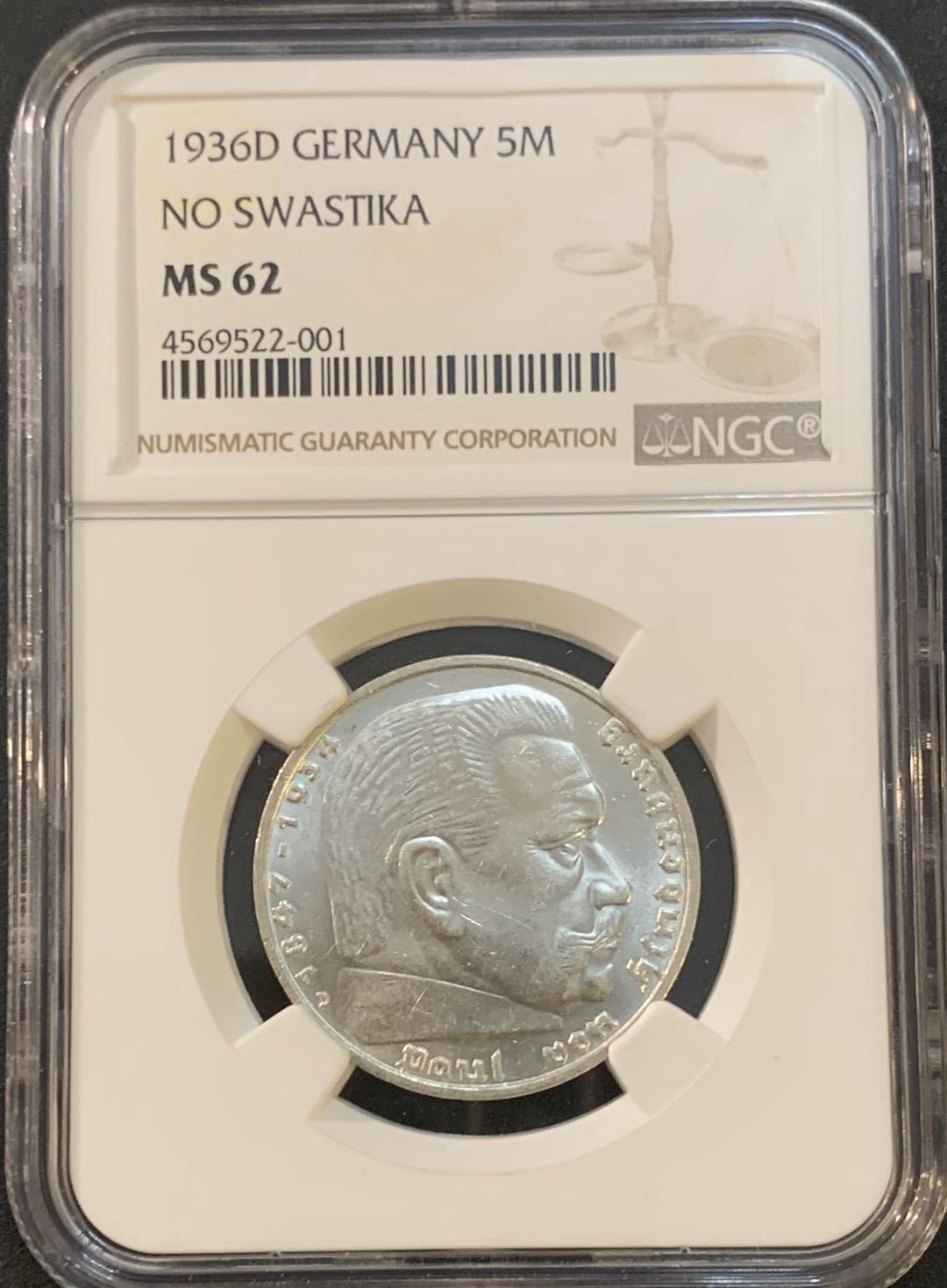 紫瑗钱币—微拍第50期  德国 1936年 D版 兴登堡 5马克 NGC MS62