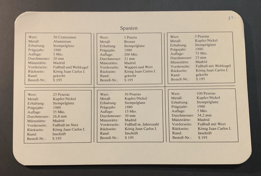 紫瑗钱币—微拍第51期 西班牙 1982年 西班牙世界杯 铜镍币 6枚一套 德国原装卡