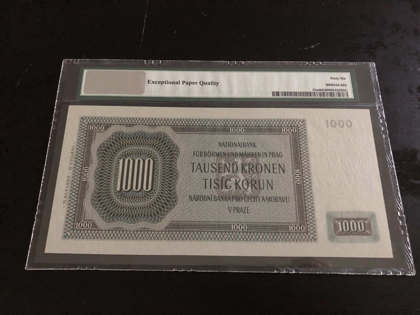 【收藏联盟】第133期拍卖——别墅和花园（共50拍） 【实钞】波西米亚 1942年1000克朗 PMG66EPQ p15a 超大票幅