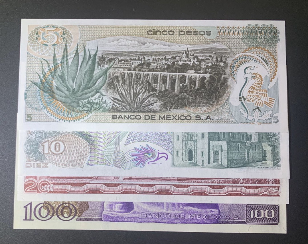 紫瑗钱币—微拍第52期 —纸币场 墨西哥 早期 5 10 20 100比索 4枚一套 UNC