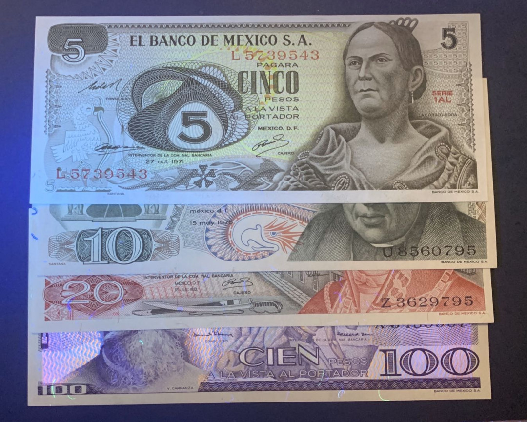 紫瑗钱币—微拍第52期 —纸币场 墨西哥 早期 5 10 20 100比索 4枚一套 UNC