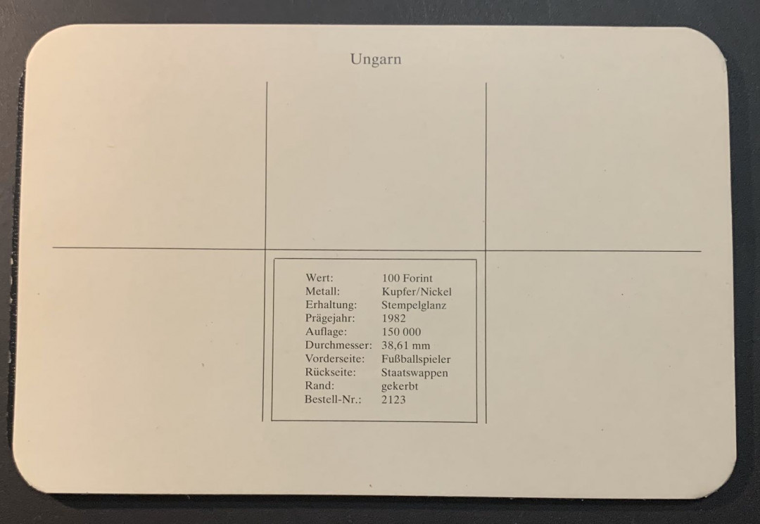 紫瑗钱币—微拍第51期 匈牙利 1982年 西班牙世界杯 100福林 镍币 德国原装卡