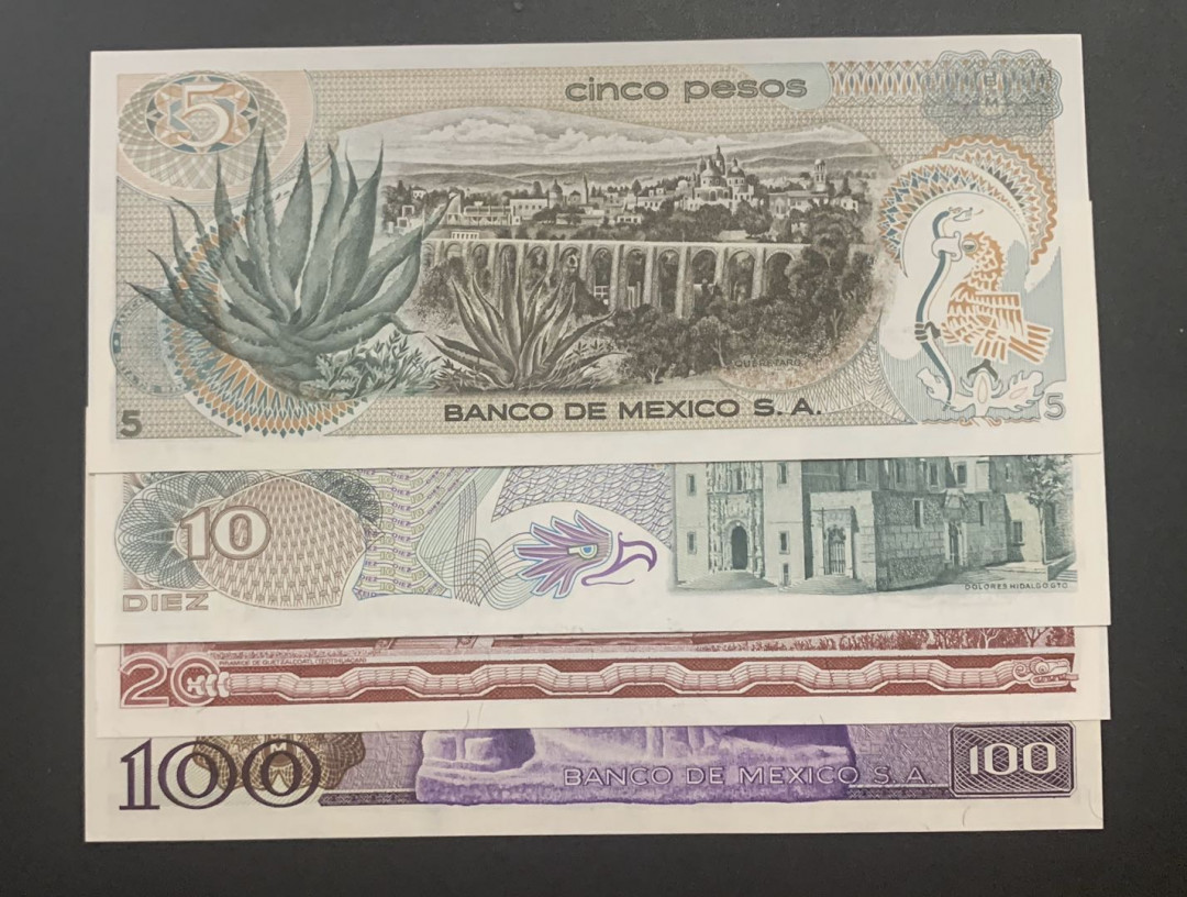 紫瑗钱币—微拍第52期 —纸币场 墨西哥 早期 5 10 20 100比索 4枚一套 UNC