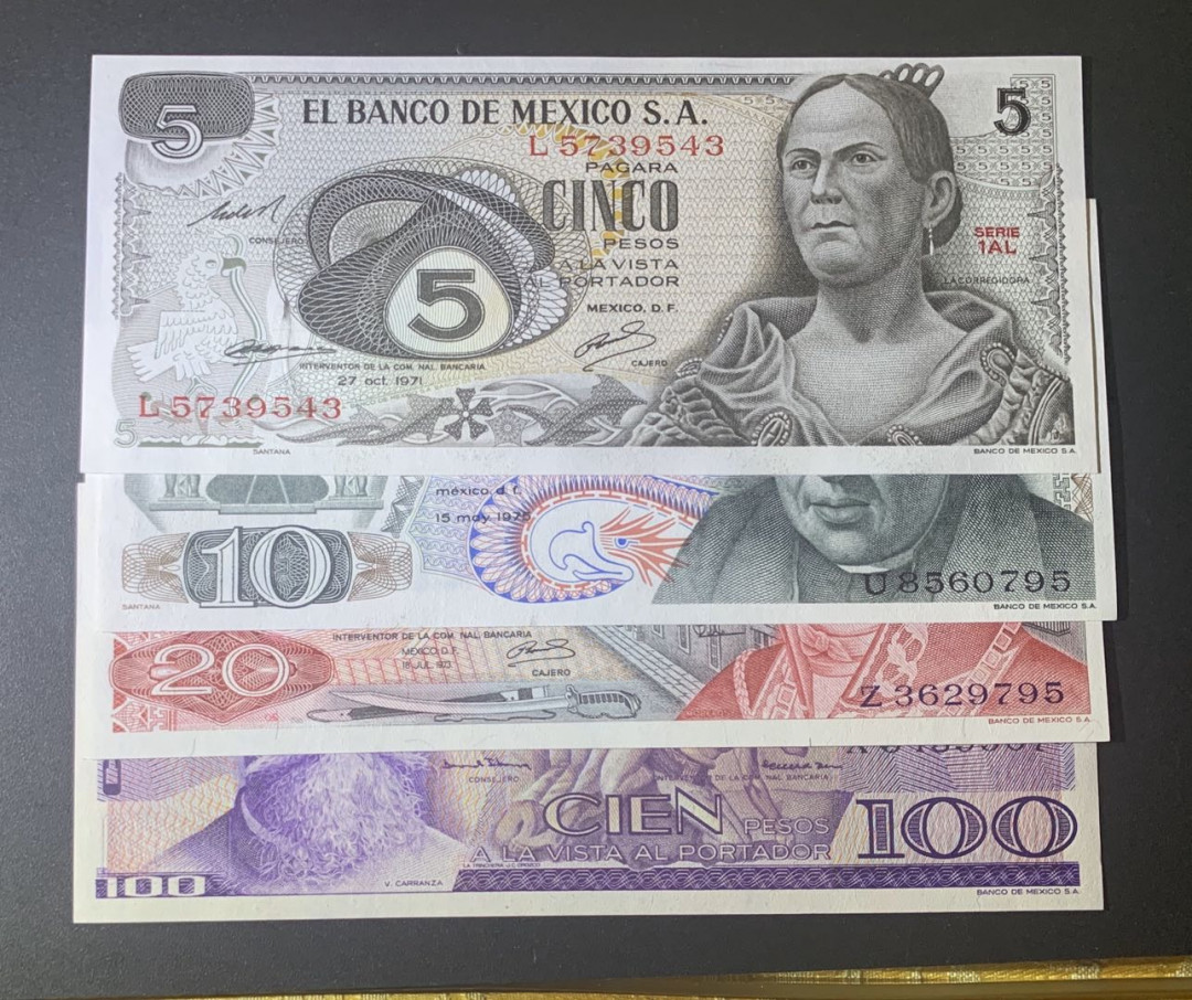 紫瑗钱币—微拍第52期 —纸币场 墨西哥 早期 5 10 20 100比索 4枚一套 UNC