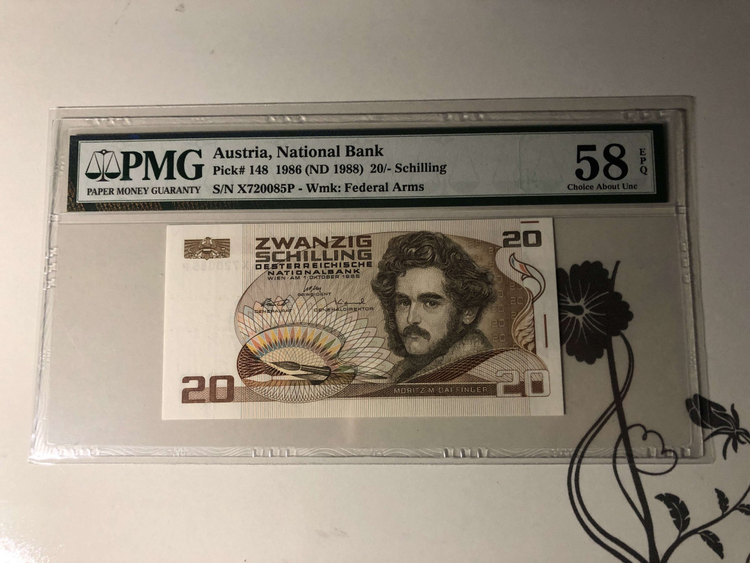 【收藏联盟】第133期拍卖——别墅和花园（共50拍） 【一组2张】奥地利 1988年20先令PMG 58EPQ&瑞典 1963年5克朗 PMG64EPQ