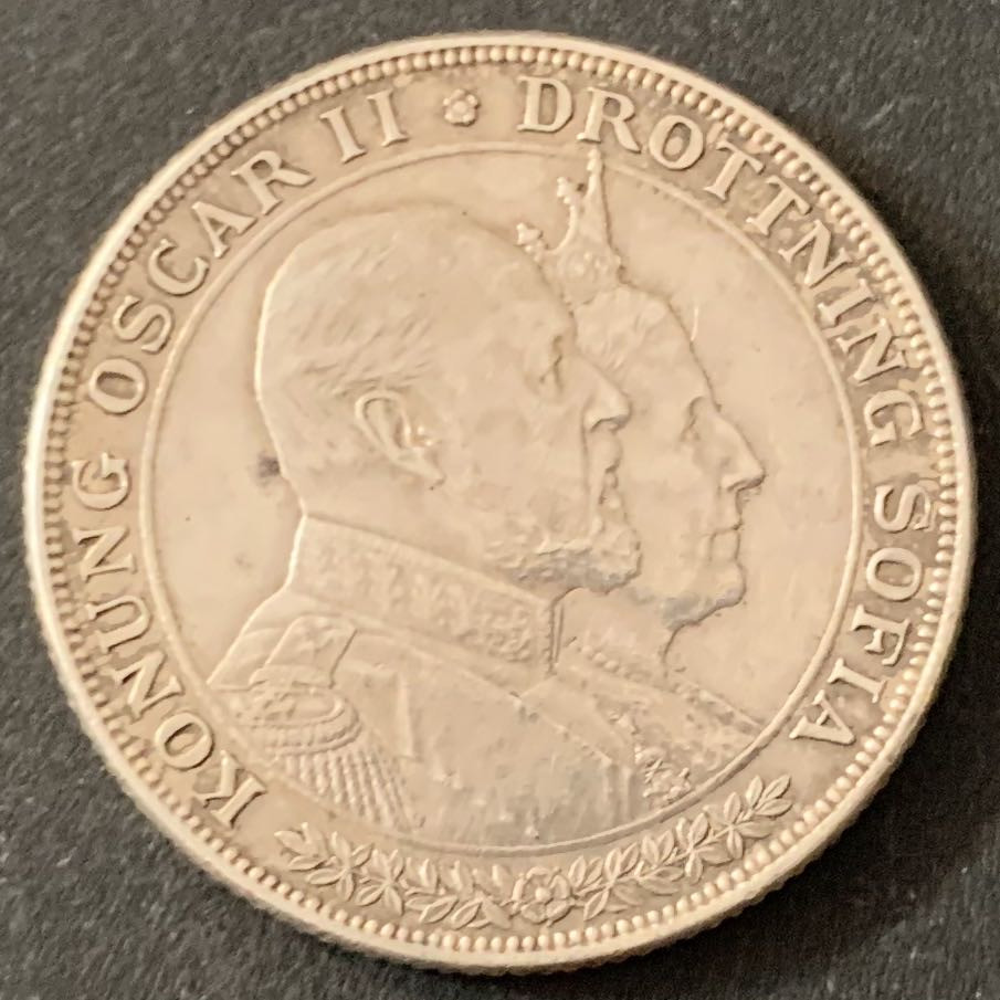 紫瑗钱币—微拍第51期 瑞典 1907年 奥斯卡二世 金婚 2克朗  15克 0.8银