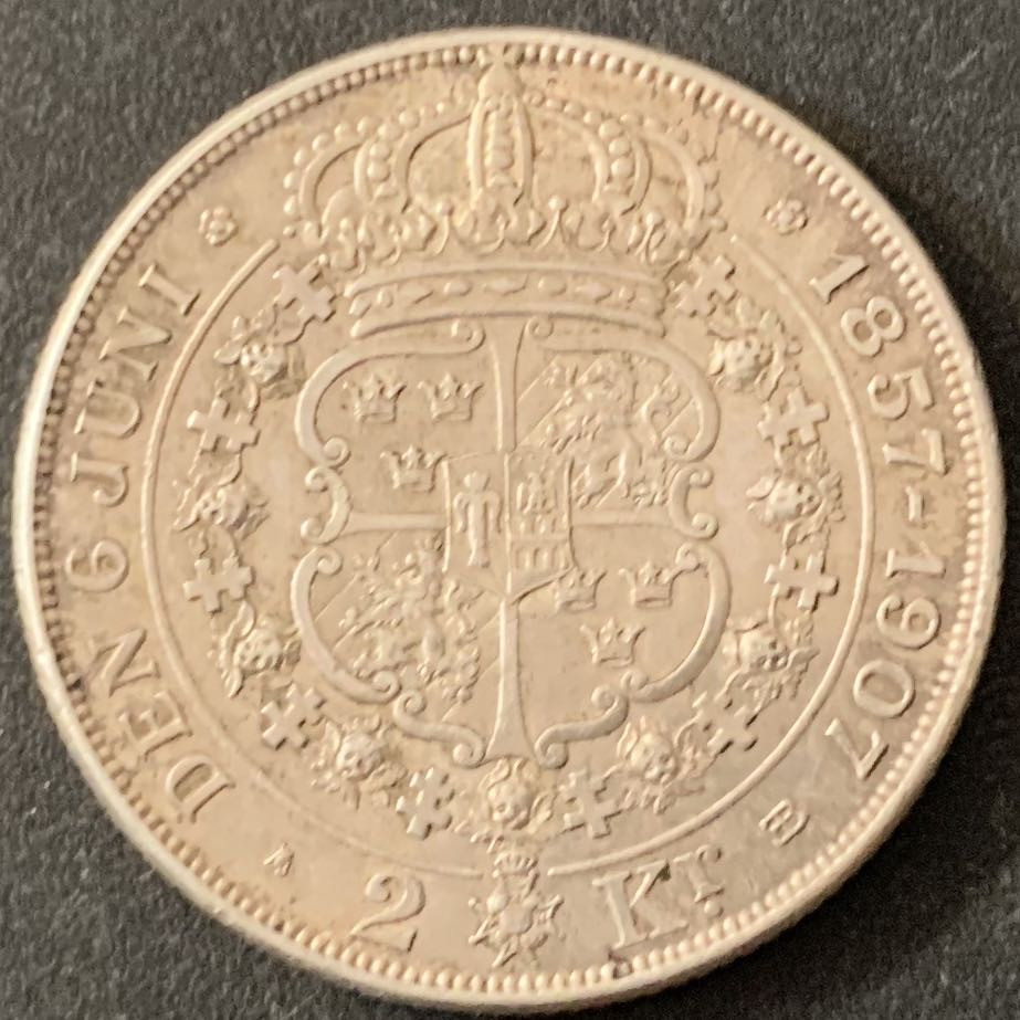 紫瑗钱币—微拍第51期 瑞典 1907年 奥斯卡二世 金婚 2克朗  15克 0.8银