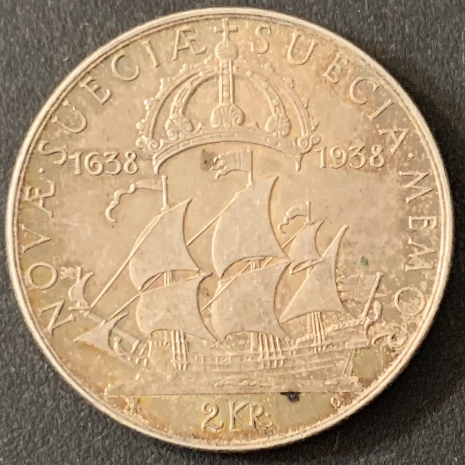 紫瑗钱币—微拍第51期 瑞典 1938年 特拉华定居点300周年 2克朗 15克 0.8银