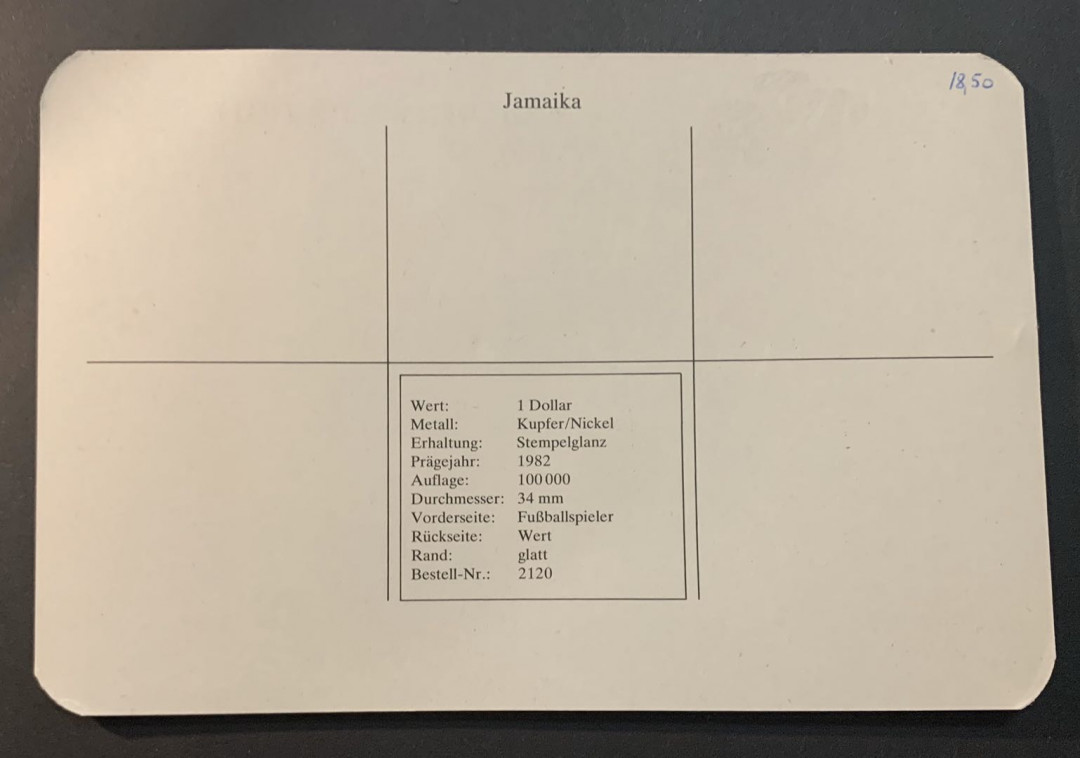紫瑗钱币—微拍第51期 牙买加 1982年 西班牙世界杯 守门员 1元 镍币 德国原卡装