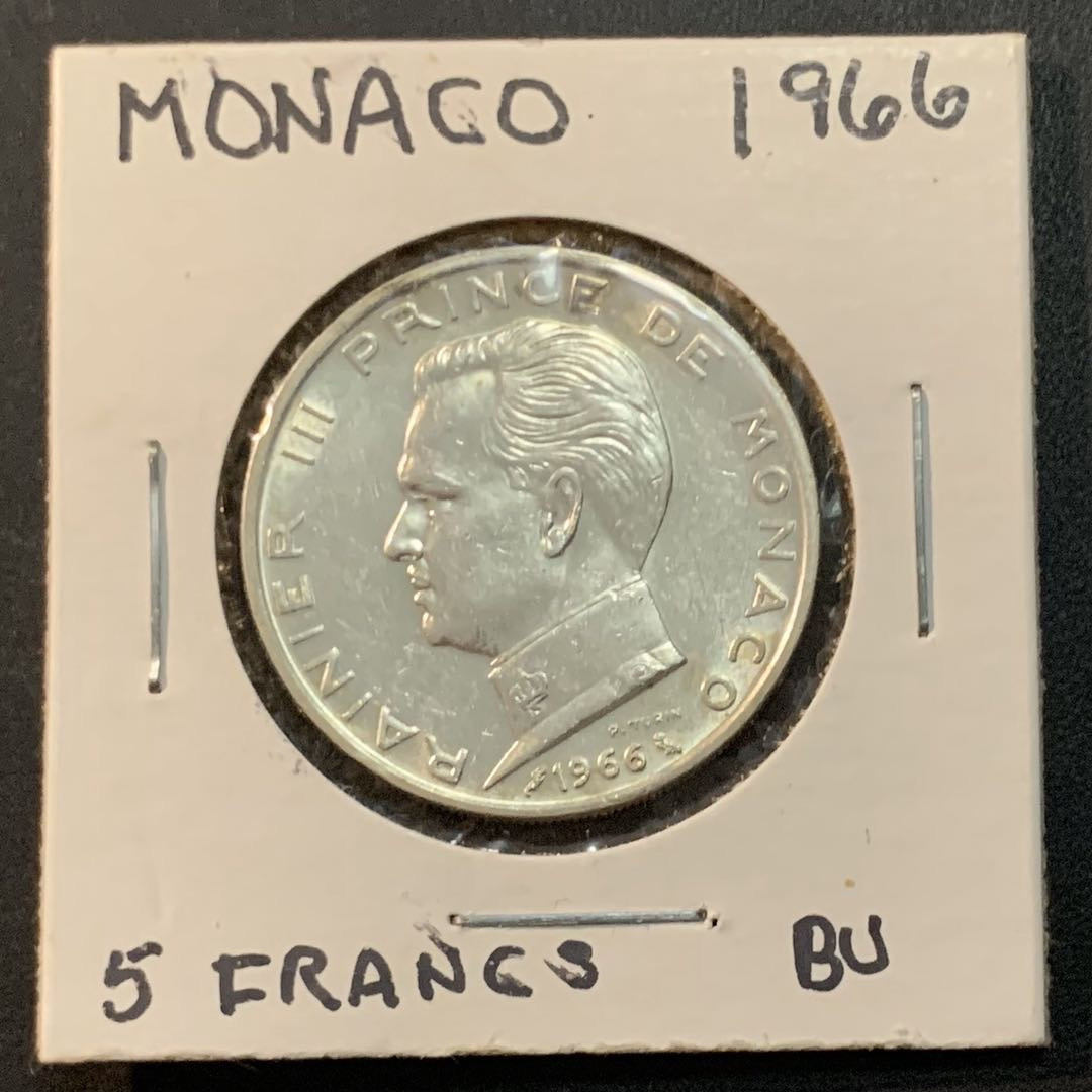 紫瑗钱币—微拍第51期 摩纳哥 1966年 5法郎 12克 0.835银 BU