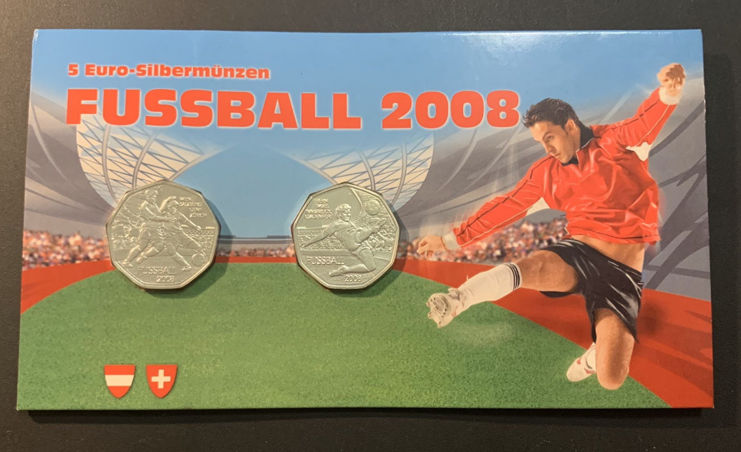 紫瑗钱币—微拍第51期 奥地利 2008年 德国世界杯 5欧元 2枚一套 卡装 共20克 0.8银