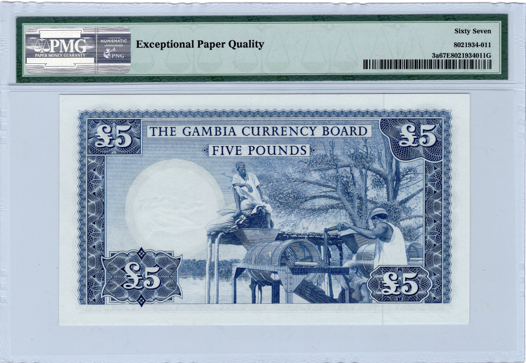 【收藏联盟】第133期拍卖——别墅和花园（共50拍） 冈比亚 1965-70年 5镑 PMG67EPQ p3a  雕刻非常精美 该国第一套纸币