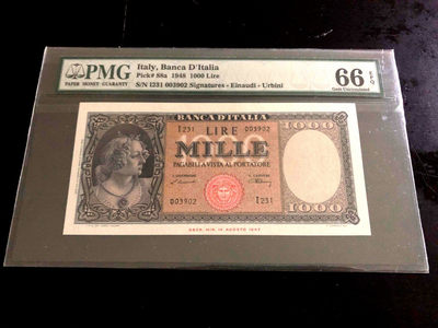 【收藏联盟】第133期拍卖——别墅和花园（共50拍） - 【冠军分】意大利 1948年 1000里拉 p88a PMG66EPQ 丰收女神 高分少见