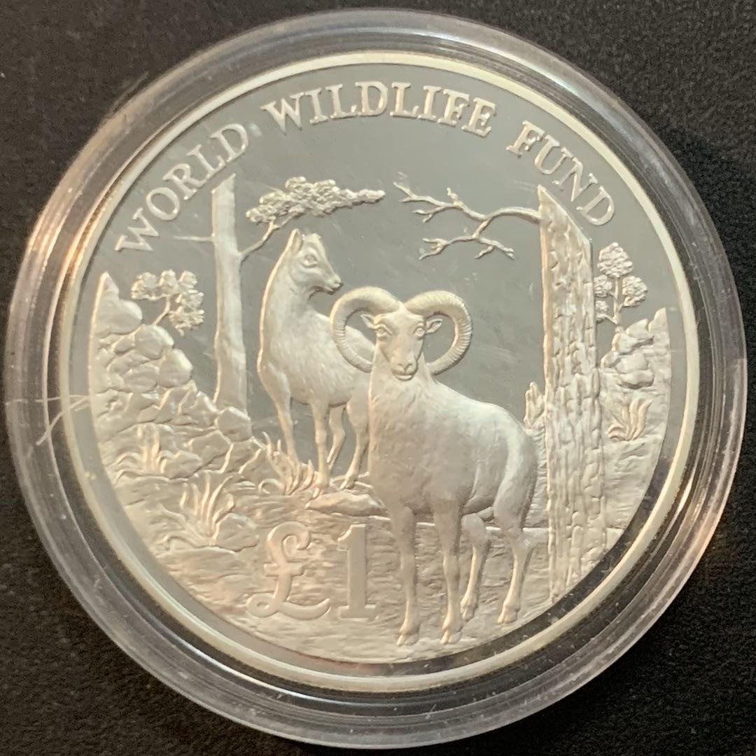 紫瑗钱币—微拍第51期 塞浦路斯 1986年 野生动物基金会 高山羊 1磅 28.28克 0.925银 精制
