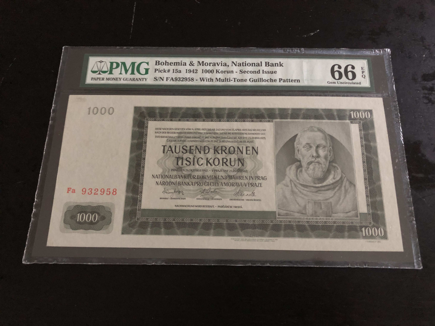 【收藏联盟】第133期拍卖——别墅和花园（共50拍） 【实钞】波西米亚 1942年1000克朗 PMG66EPQ p15a 超大票幅