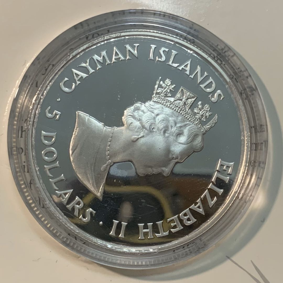 紫瑗钱币—微拍第51期 开曼群岛 1987年 WWF基金会25周年 金刚鹦鹉 5元 28.28克 0.925银 精制 WWF原装卡