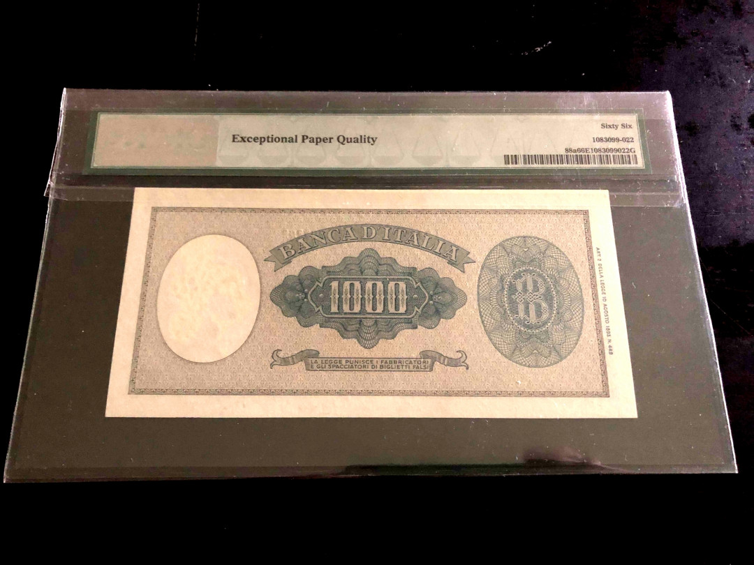 【收藏联盟】第133期拍卖——别墅和花园（共50拍） 【冠军分】意大利 1948年 1000里拉 p88a PMG66EPQ 丰收女神 高分少见