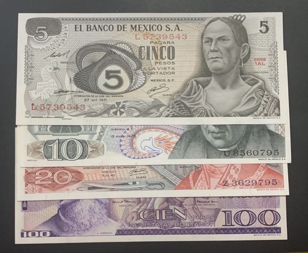 紫瑗钱币—微拍第52期 —纸币场 墨西哥 早期 5 10 20 100比索 4枚一套 UNC