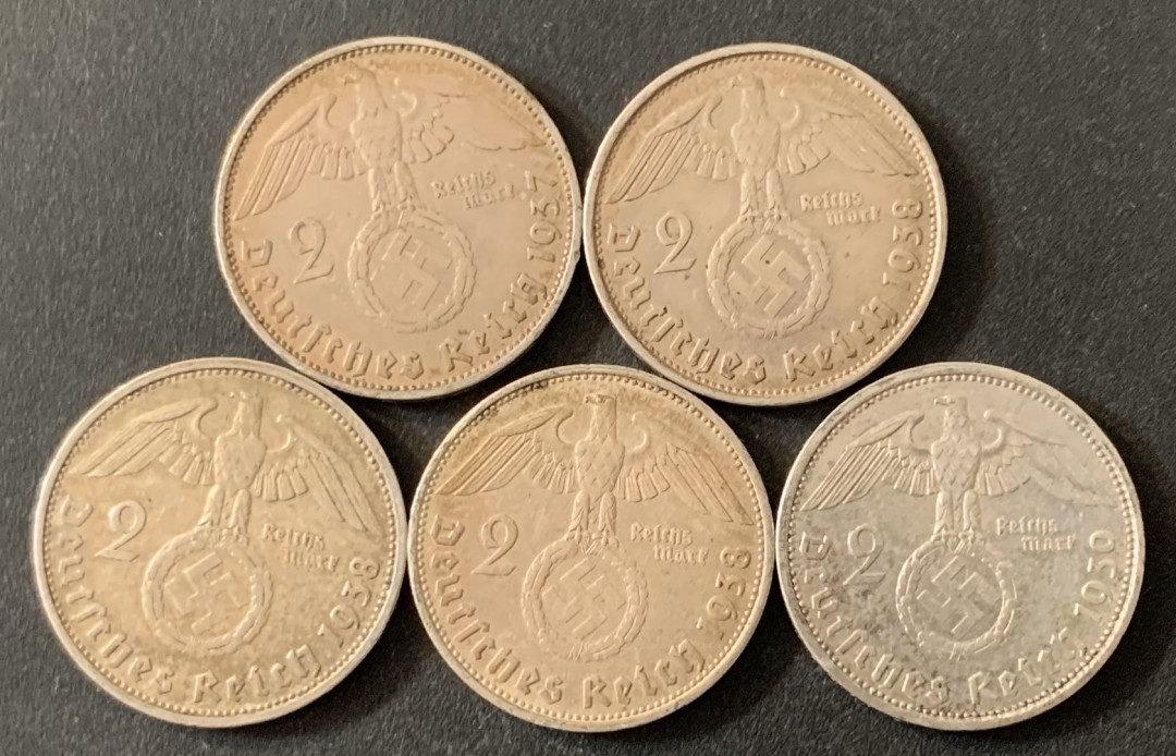紫瑗钱币—微拍第51期 德国 兴登堡 2马克 5枚一组 共 40克 0.625银